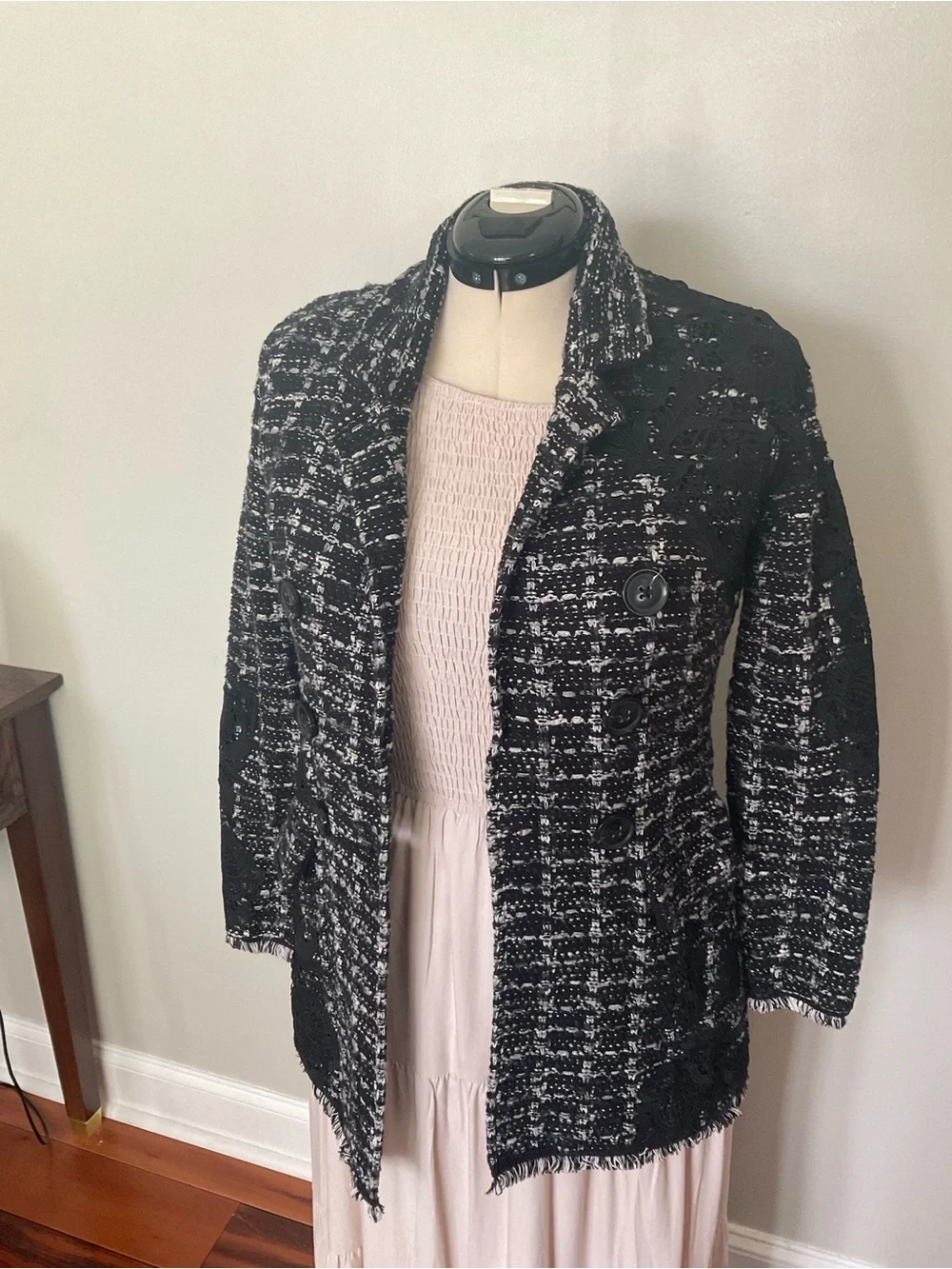 Chico's Black & White Tweed/boucle double breasted Jacket with Lace Appliqué
